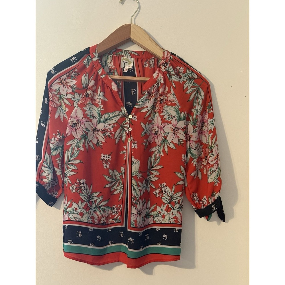 Anthropologie fig& Flower Red Floral Shirt PM Boho Cottage Multicolor Spring